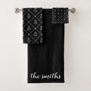 Customisable Silver and Black Roses Towel Set