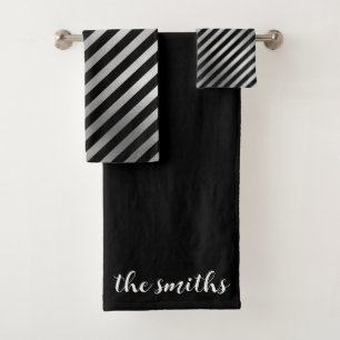 Customisable Silver and Black Stripes Towel Set
