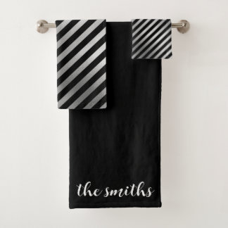 Customisable Silver and Black Stripes Towel Set