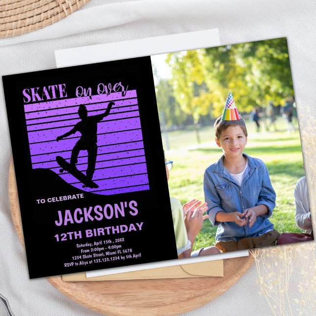 Customisable Skating Party Invitations for Kids (Purple Skateboard Birthday Invitations w photo)