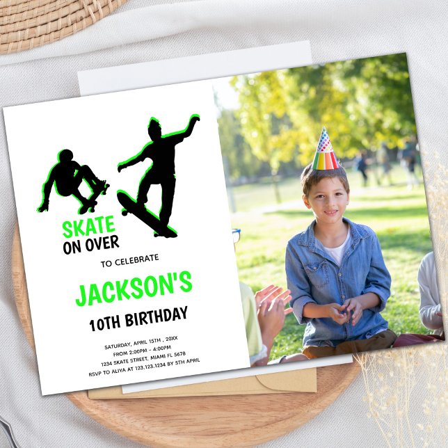 Customisable Skating Party Invitations for Kids (Green Skateboards Invitations with photo)