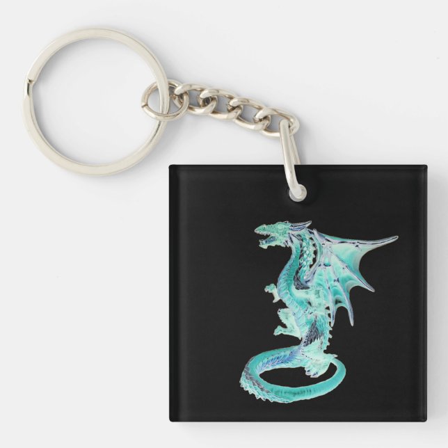 Customisable Sky Blue Dragon Black Back Mystical Key Ring (Front)