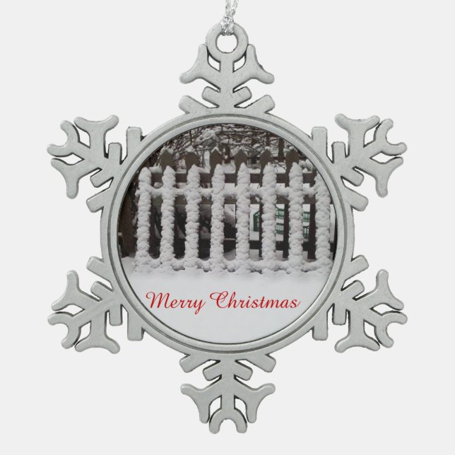 Customisable Snow on a picket fence Snowflake Pewter Christmas Ornament (Front)
