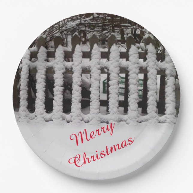 Customisable snow on a picket fence with text paper plate (Front)