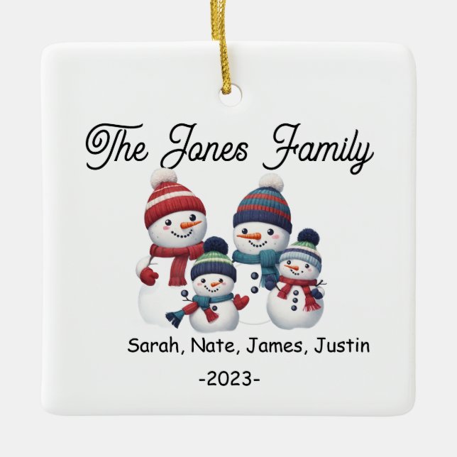 Customisable Snowman Family of 4 Holiday Ceramic Ornament (Front)