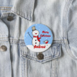 Customisable Snowman xmas party name Button badges<br><div class="desc">Cute Christmas design with cartoon snowman and robin on his heads. The design is available on a range of apparel,  gifts and paper products. The text is fully customisable to suit your own style.</div>