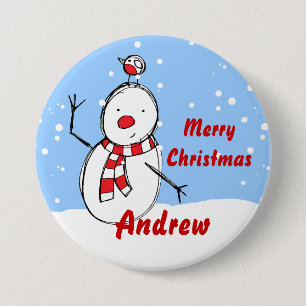 Customisable Snowman xmas party name Button badges