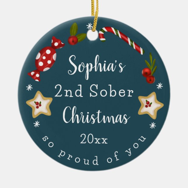 Customisable Sobriety Keepsake Sober Christmas Ceramic Ornament (Front)