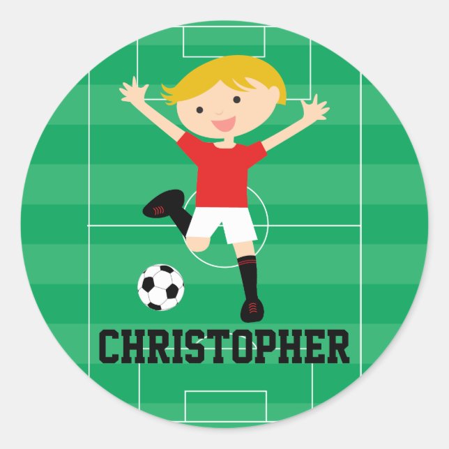 Customisable Soccer Boy 1 Red and White Classic Round Sticker (Front)