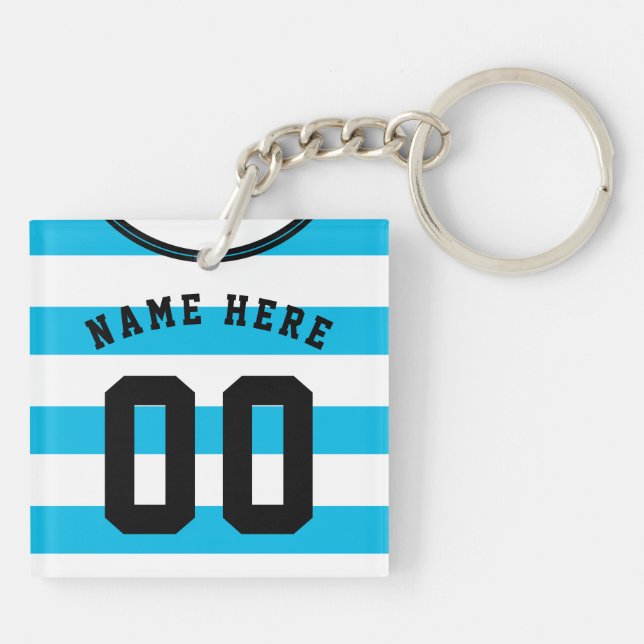 Customisable Soccer Jersey Keyring, Blue Stripes Key Ring (Back)