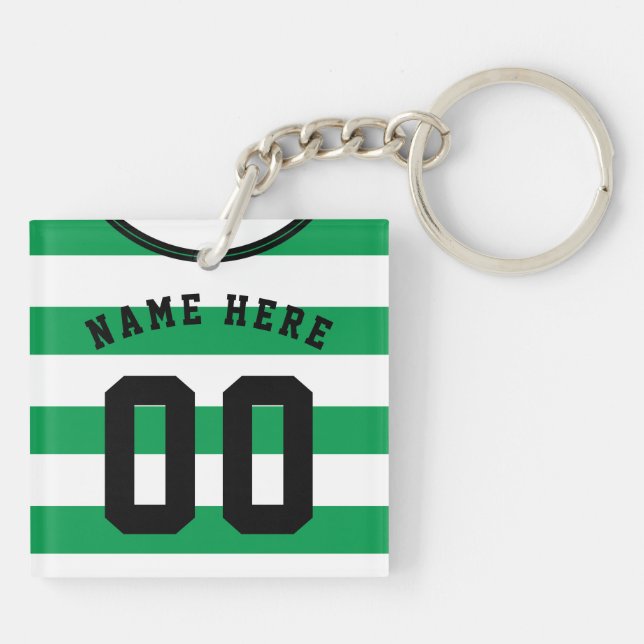 Customisable Soccer Jersey Keyring, Green Stripes Key Ring (Back)