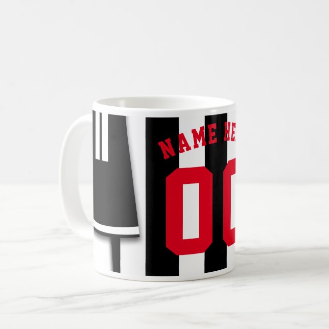 Customisable Soccer Jersey Mug Black White Stripes (Front Left)