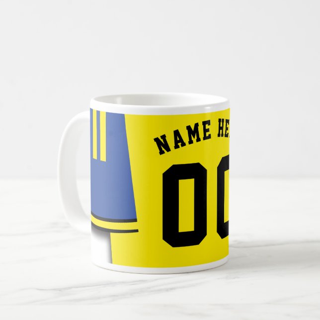 Customisable Soccer Jersey Mug, Blue & Yellow Coffee Mug (Front Left)