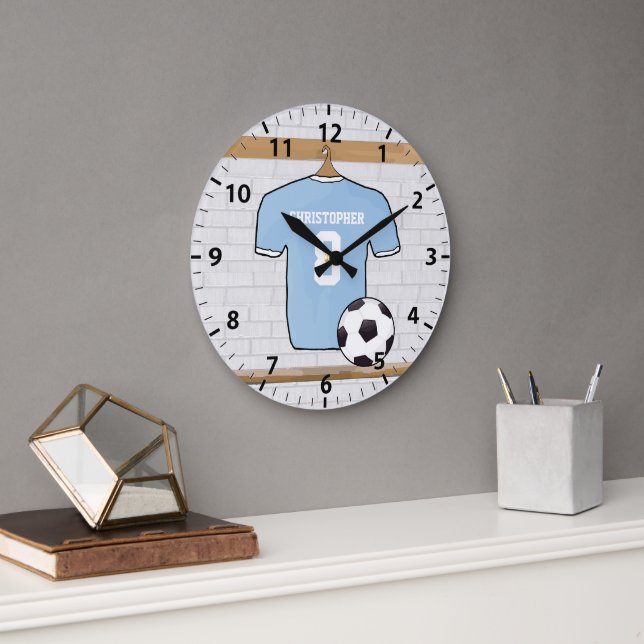 Customisable Soccer Shirt  Sky Blue and White Large Clock (Office)