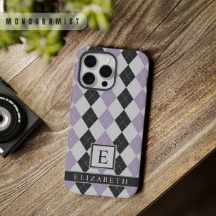 Customisable Soft Lavender Purple Black Argyle iPhone 15 Pro Max Case