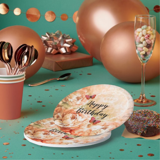 Customisable Soft peach floral paper plates (Multi)