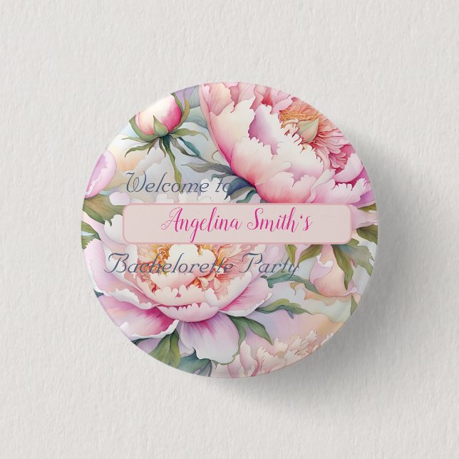 Customisable Soft Pink Peony Bachelorette Party 3 Cm Round Badge (Front)