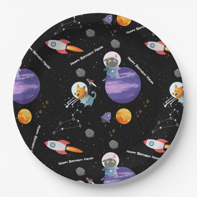 Customisable Space Animals Birthday   Paper Plates (Front)