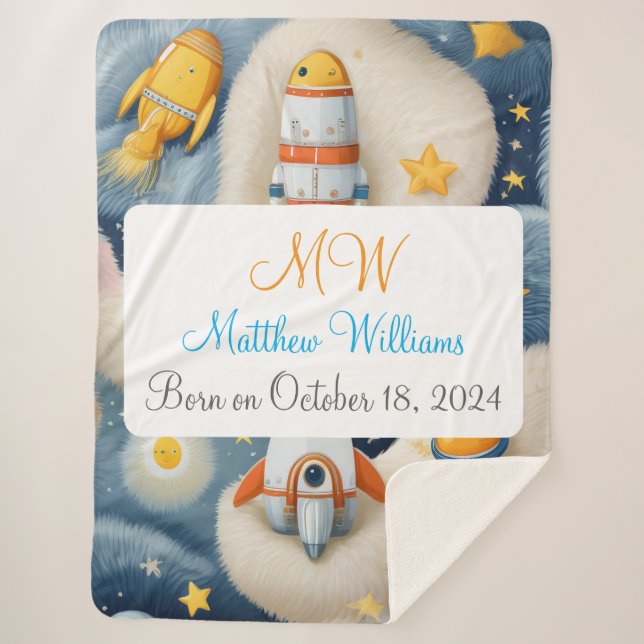 Customisable Space with Name, Monogram & Birthday Sherpa Blanket (Front)
