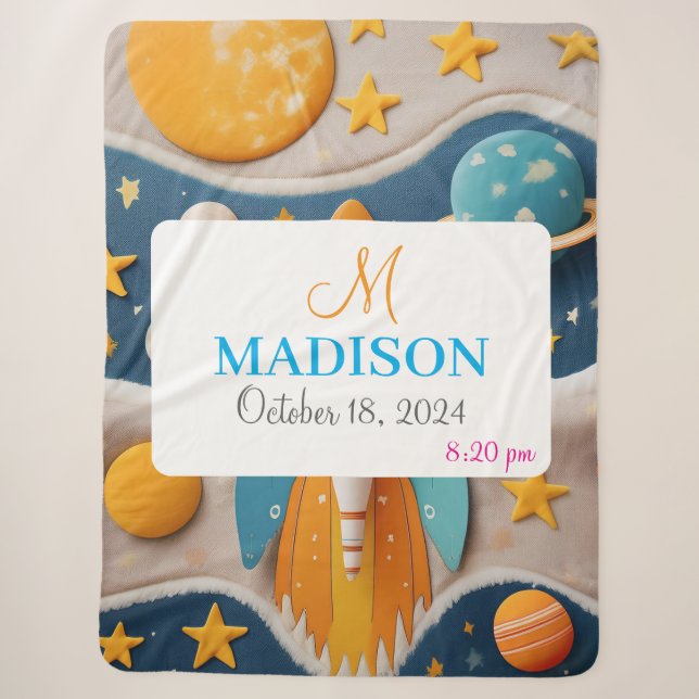 Customisable Space with Name, Monogram & Birthday Sherpa Blanket (Front)
