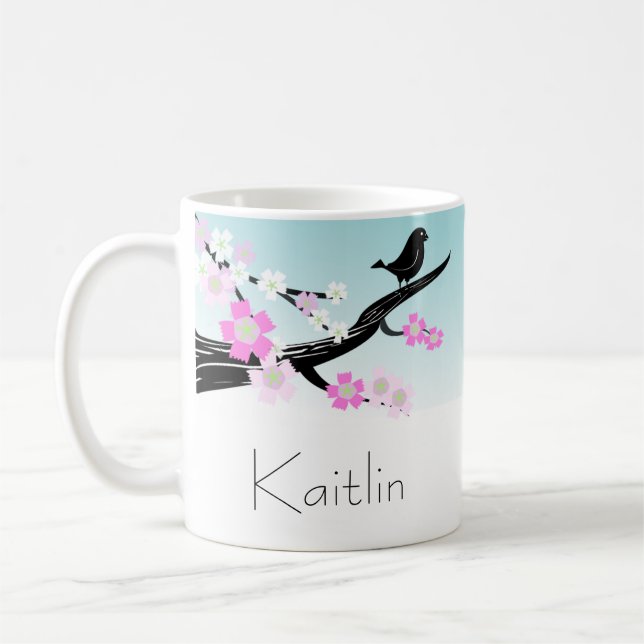 Customisable sparrow bird cherry blossoms graphic coffee mug (Left)