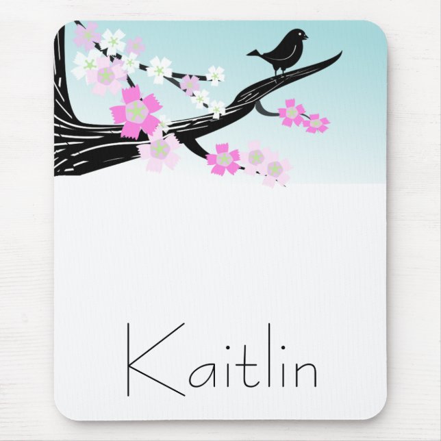 Customisable sparrow bird cherry blossoms graphic mouse pad (Front)