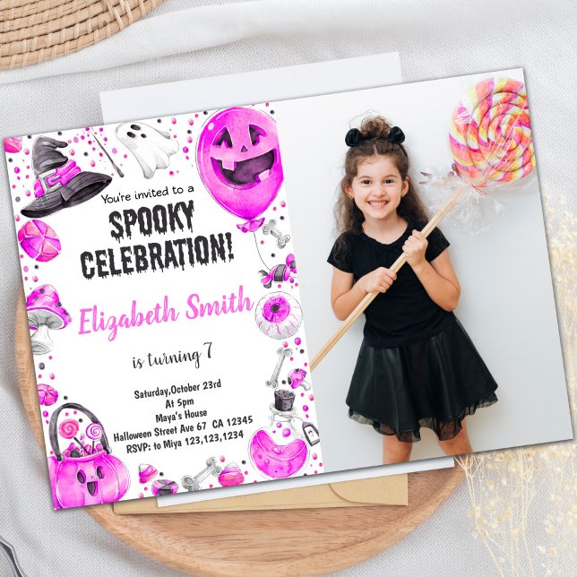 Customisable Spooky Party Invitations for Kids (Pink Halloween Invitations with photo)