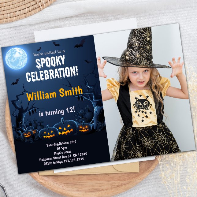 Customisable Spooky Party Invitations for Kids (Pumpkins Halloween Birthday Invitations w photo)