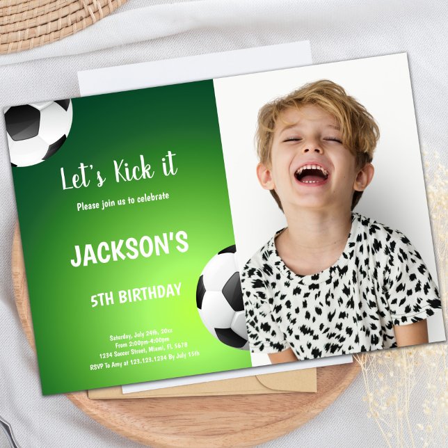 Customisable Sports Party Invitations for Kids (Let's Kick it Green Back Soccer Birthday photo Invitation)