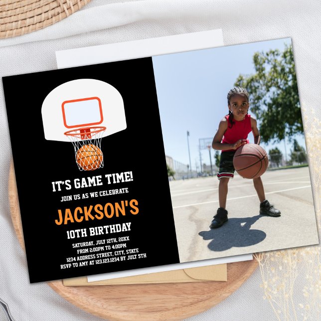 Customisable Sports Party Invitations for Kids (Black Basket Basketball Invitations with photo)