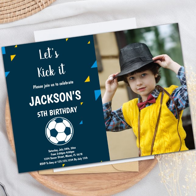 Customisable Sports Party Invitations for Kids (Blue Soccer Birthday Invitations Theme with photo)