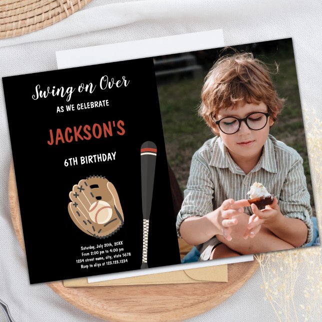 Customisable Sports Party Invitations for Kids (Black Background Baseball Birthday Invitations pho)