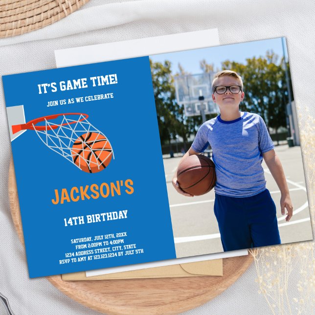 Customisable Sports Party Invitations for Kids (Blue Orange Basketball Birthday Invitations photo)