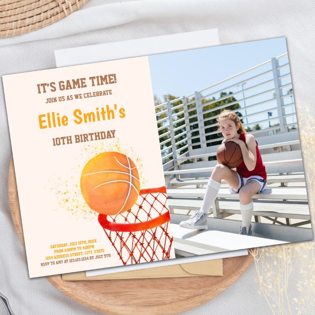Customisable Sports Party Invitations for Kids (Light Orange Basketball Invitations with photo)
