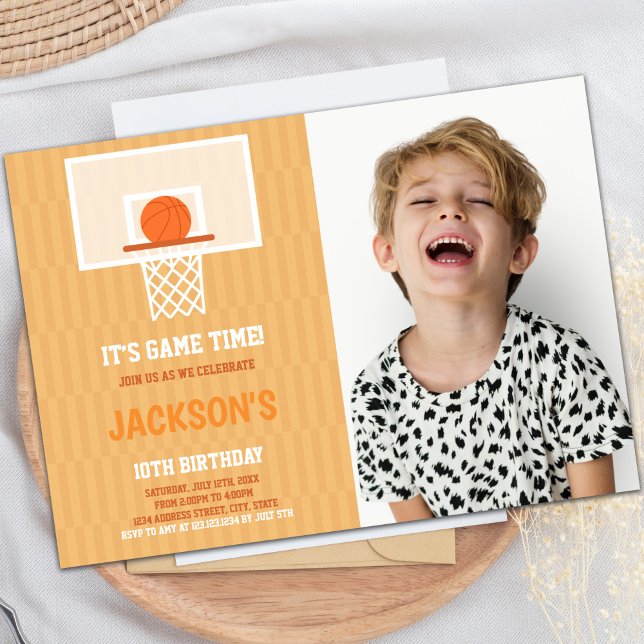 Customisable Sports Party Invitations for Kids (Orange Backside Basketball Birthday Invitations ph)