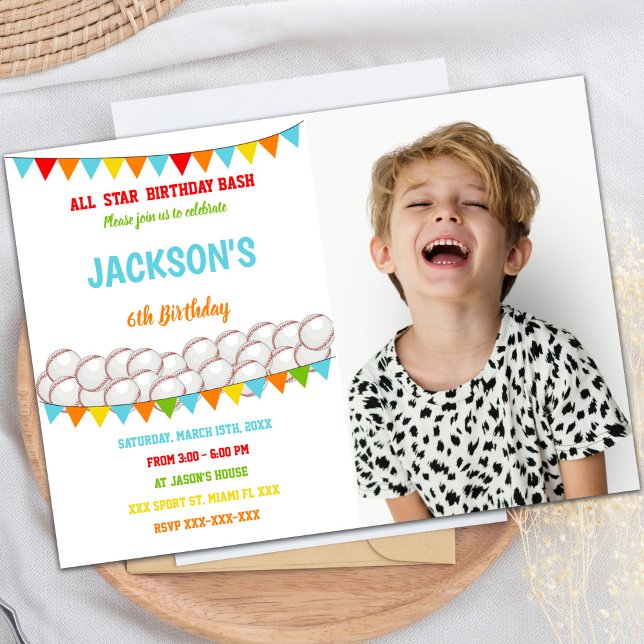 Customisable Sports Party Invitations for Kids (Baseballs Invitations with photo)