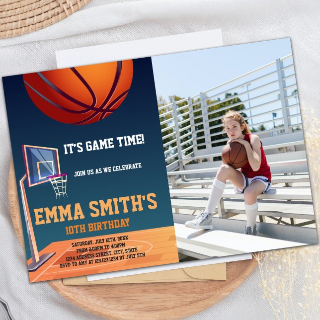 Customisable Sports Party Invitations for Kids (It's Game Time Basketball Invitations with photo)