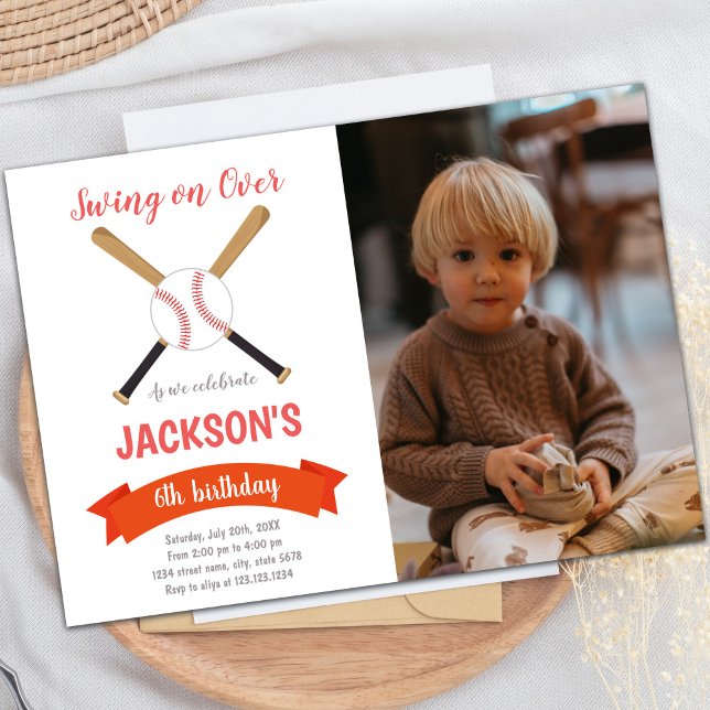Customisable Sports Party Invitations for Kids (Red Brown Baseball Birthday Invitations photo)