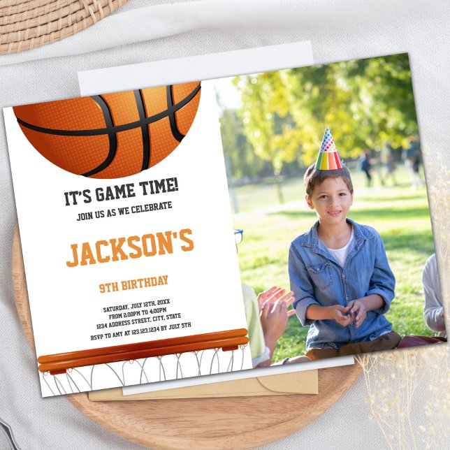 Customisable Sports Party Invitations for Kids (White Orange Basketball Invitations with photo)