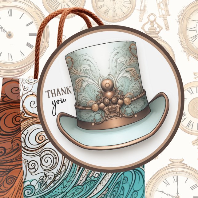 Customisable Steampunk Aqua and Copper Top Hat Classic Round Sticker (Victorian steampunk top hat customizable large sticker for gifts and mailings.)