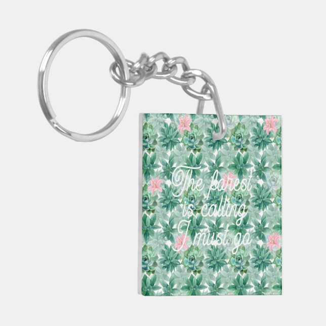 Customisable succulent pink lily botanical pattern key ring (Front Left)