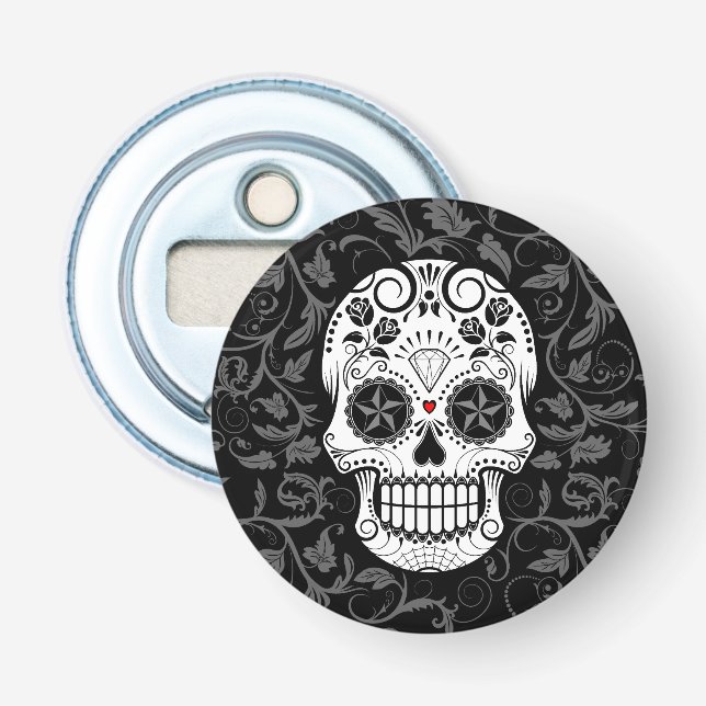 Customisable Sugar Skull with Grey Vines and Roses Bottle Opener (Front)