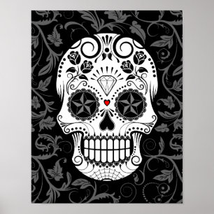 Customisable Sugar Skull with Grey Vines and Roses Poster