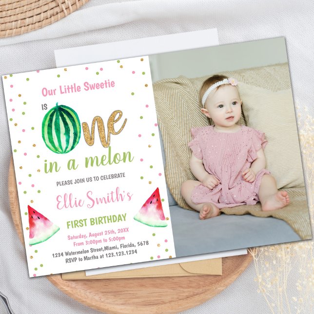 Customisable Summer Party Invitations for Kids (Glitter Watermelon Birthday Invitations with photo)