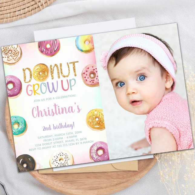 Customisable Sweet Party Invitations for Kids (Golden Glitter Donut Birthday Invitations w photo)