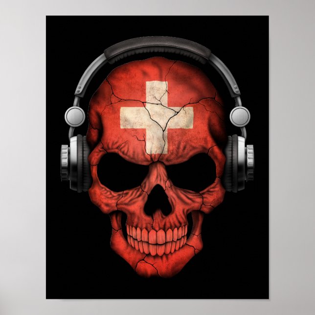 Customisable Swiss Dj Skull with Headphones Poster (Front)