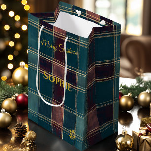 Customisable Teal and Burgundy Plaid Holiday Medium Gift Bag