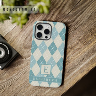 Customisable Teal Blue Green Grey Argyle Pattern iPhone 15 Pro Max Case