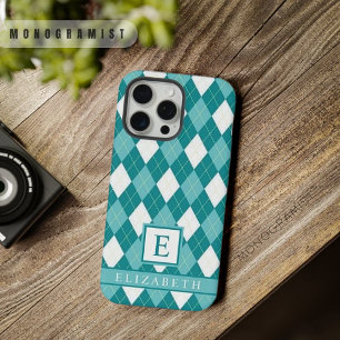 Customisable Teal Blue Green White Argyle Pattern iPhone 15 Pro Max Case