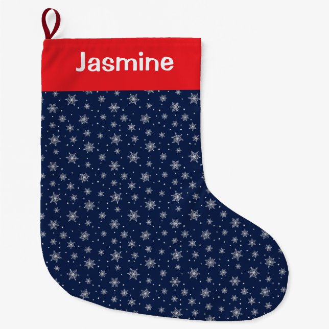 Customisable Text Black Christmas Snowflake Large Christmas Stocking (Front)
